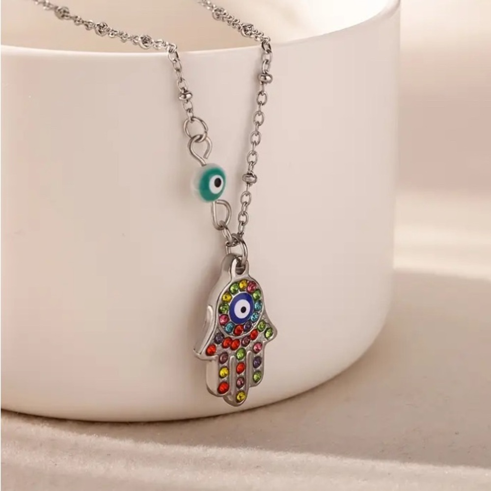 Colourful Hamsa Hand Pendant Necklace Stainless Steel
